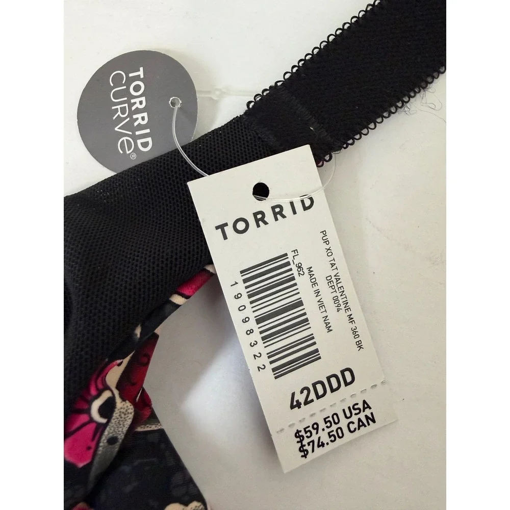 Torrid Curve XO‎ Plunge Push-Up Smooth Bra Sz 42DDD Black Red Rose Tattoo Floral